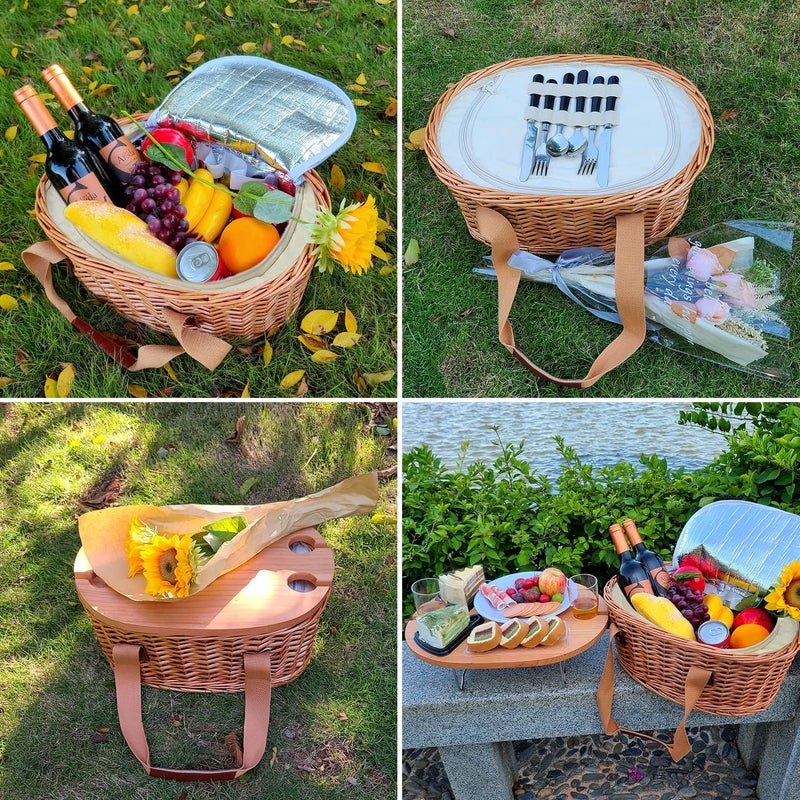 HapTim Wicker Picnic Basket Set for 4 with Mini Folding Wine Picnic Table & Large Insulated Cooler Bag & Cutlery Service Kits for 4 Person, Couples Gifts, Wedding Gifts (Y2209-4-CM) - Image 3
